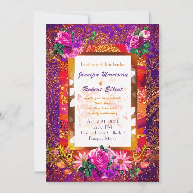 Lila Orange Paisley Blommigt bröllopsinbjudan Inbjudningar (Baksida)
