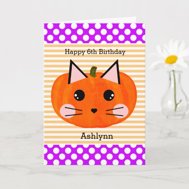 Lila Orange Pumpkin Cat Halloween Birthday Kort (Liten växt)