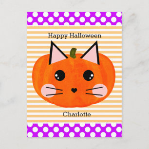Lila Orange Pumpkin Cat Happy halloween Vykort