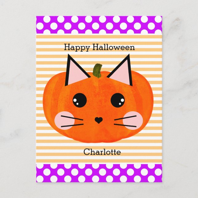 Lila Orange Pumpkin Cat Happy halloween Vykort (Framsida)