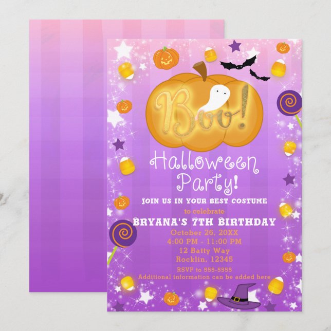 Lila & Orange Rolig Whimsisk Halloweenfest Inbjudningar (Fram/baksida)