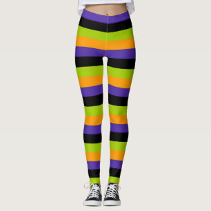 Lila Orange Svart Grön Häxiga Ränder Halloween Leggings