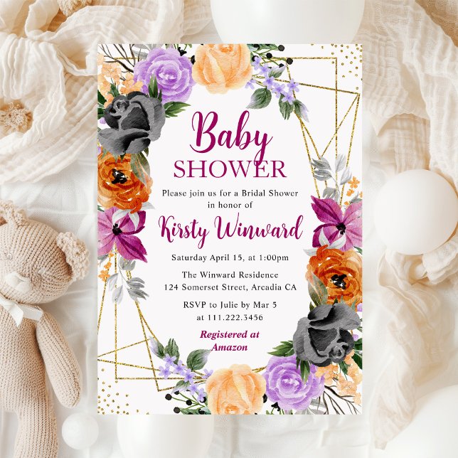 Lila Orange Svarta Blommor Ram Baby Shower Inbjudningar (Skapare uppladdad)