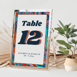 Lila Orange Vågigt Modern Retro Groovy Bröllop Bordsnummer