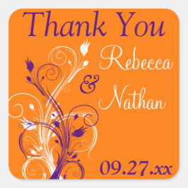 Lila Orange Vit Blommigt 1,5" Bröllop Sticker 3 Fyrkantigt Klistermärke