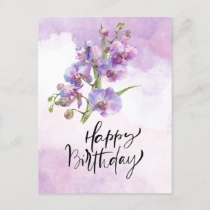 Lila Orchid Birthday Card - Elegant Watercolor Vykort