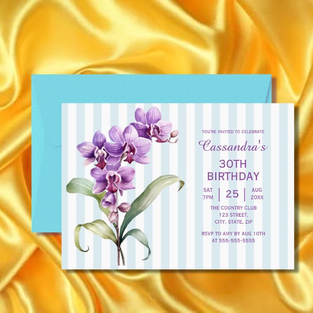 Lila Orchid Grönt Rand Blommigt 30års födelsedag Inbjudningar (Skapare uppladdad)