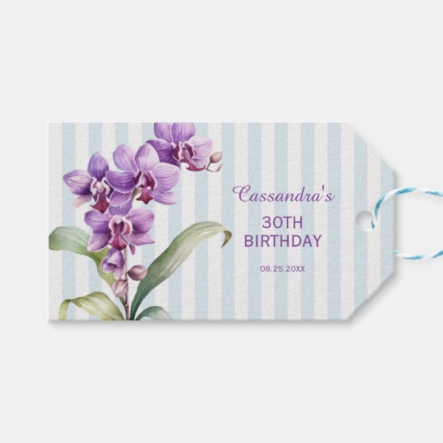 Lila Orchid Grönt Rand Blommigt 30års födelsedag Presentetikett (Framsidan (Horisontell))