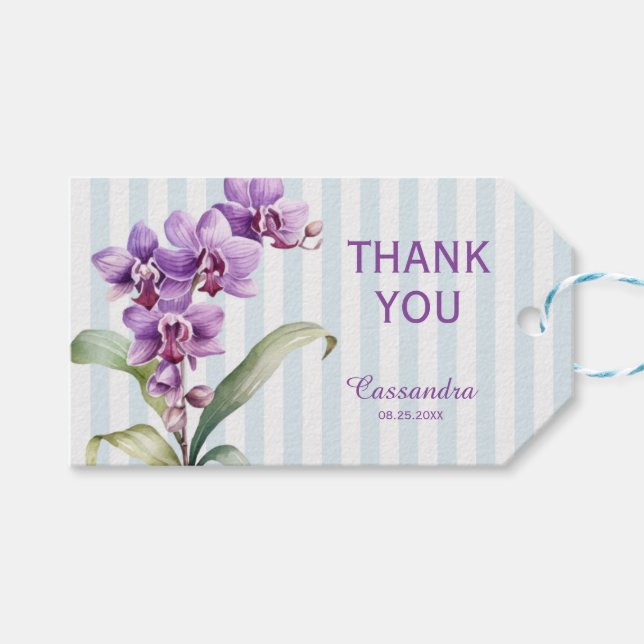 Lila Orchid Grönt Rand Blommigt Tack Presentetikett (Framsidan (Horisontell))