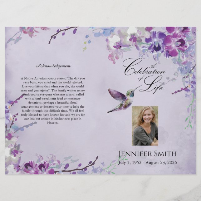 Lila Orchid Hummingbird Funeral Program (Framsidan)
