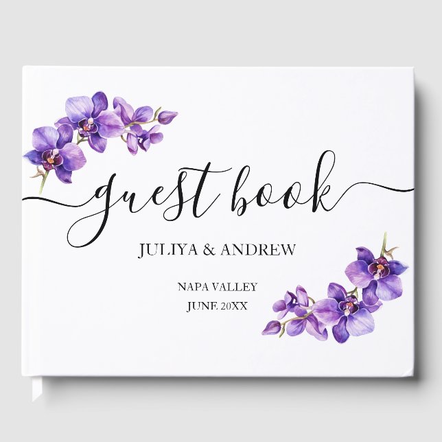 Lila Orchid i vitt skript bröllop Gästböcker (Framsida)
