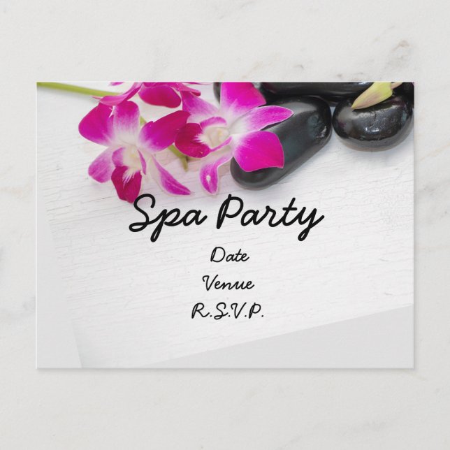 Lila Orchid med hett stone Spa Party-inbjudan Vykort (Framsida)