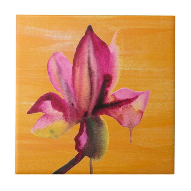 Lila Orchid-orange popkonblomma Kakelplatta (Framsidan)