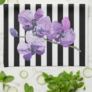 Lila Orchid Rand vattenfärgsblomma Flower Kökshandduk
