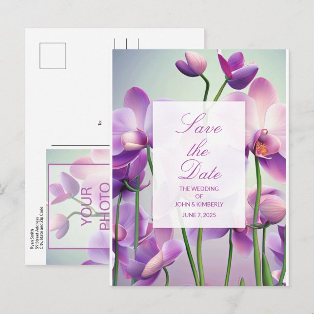 Lila Orchids Blommigt Bröllop Spara Postkort Meddelande Vykort (Fram/baksida)