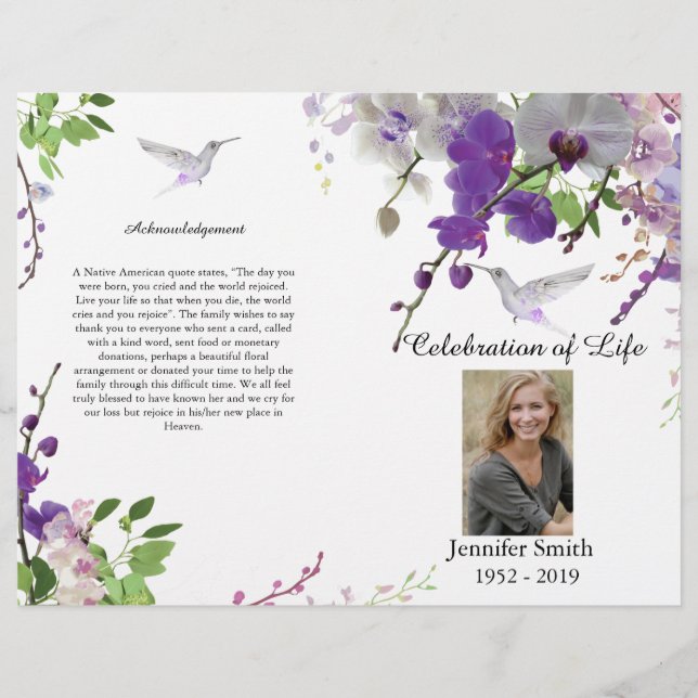 Lila Orchids Hummingbird Funeral Program Flyer (Framsidan)