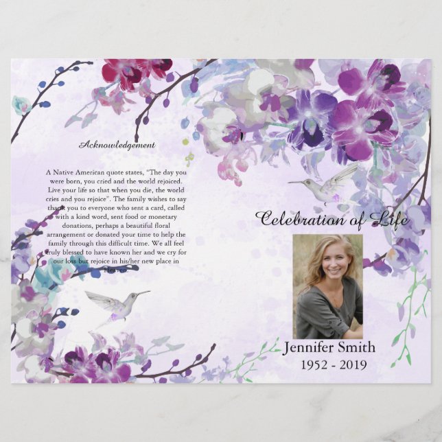 Lila Orchids Hummingbird Funeral Program Flyer (Framsidan)