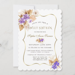 Lila Orchids Pampas Grass Guld Ram Sweet 16 Inbjudningar