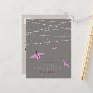 Lila Origami Papper Cranes Asian Save Date Meddelande Vykort