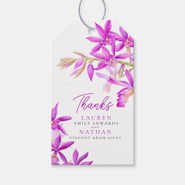 Lila orkidé akvarell botanisk bröllop tack presentetikett (Framsidan)