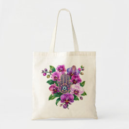 Lila orkidé Hamsa hand onda ögon blommig bukett Tygkasse