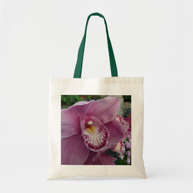 Lila orkidé och färgrik botanisk trädgård tygkasse (Framsidan)