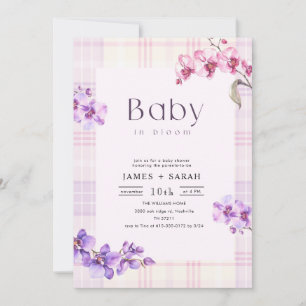 Lila orkidé Vintage Gingham Blommande Bebis Shower Inbjudningar