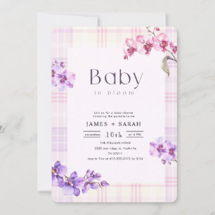 Lila orkidé vintage gingham blommig baby shower inbjudningar