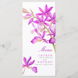 Lila orkidéblommor, vattenfärg bröllop meny