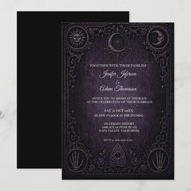 Lila Ouija-bräde gotiskt bröllopsinbjudan Inbjudningar (Fram/baksida)
