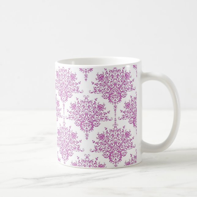 Lila över vit blom-damaskmönster kaffemugg (Höger)