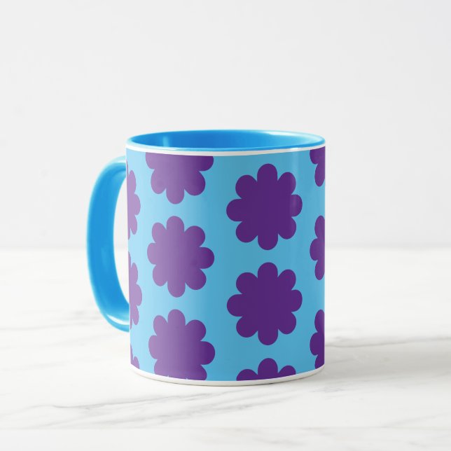 Lila på Aqua Blue Retro Flower Art Mugg Kopp (Framsida vänster)