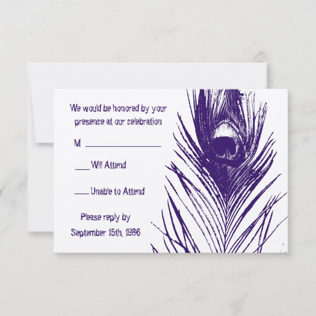 Lila Påfågel Fjäder Bröllop RSVP OSA Kort (Framsida)
