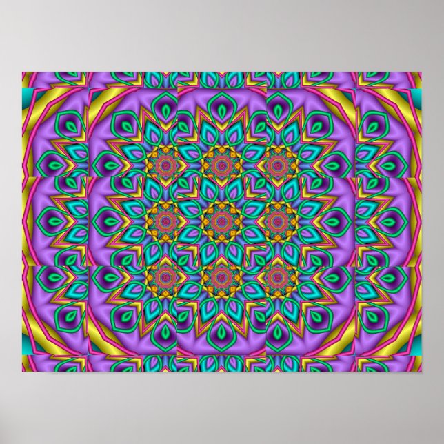 Lila påfågel Kalejdoskop Mandala Fraktal Poster (Framsidan)