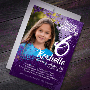 Lila Paint Splatter Photo 6e Birthday Inbjudan