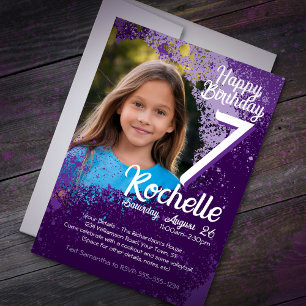 Lila Paint Splatter Photo 7:e Birthday Inbjudan
