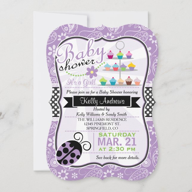 Lila Paisley Ladybug Theme Girl Baby Shower Inbjudningar (Framsida)