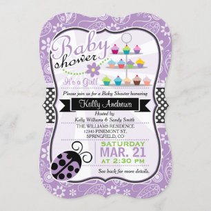 Lila Paisley Ladybug Theme Girl Baby Shower Inbjudningar