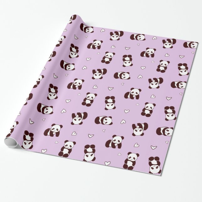 Lila Panda Heart Wrapping Papper Presentpapper (Utrullad)