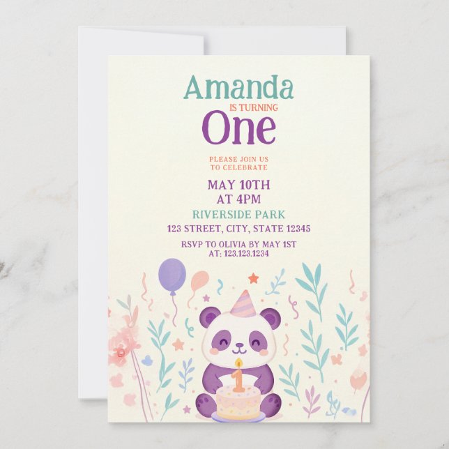 Lila Panda med Blommigt Garden Scene 1:a födelseda Inbjudningar (Framsida)