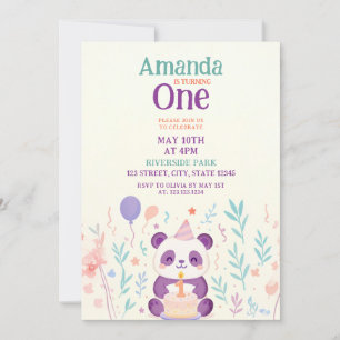 Lila Panda med Blommigt Garden Scene 1:a födelseda Inbjudningar