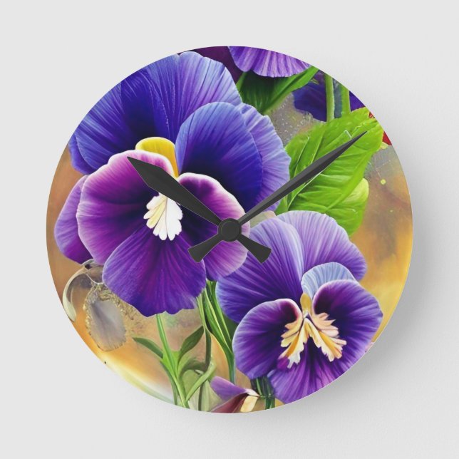 Lila Pansies - AI ART Rund Klocka (Framsida)