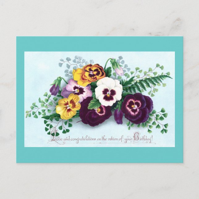 Lila Pansies Victorian Birthday Vykort (Framsida)