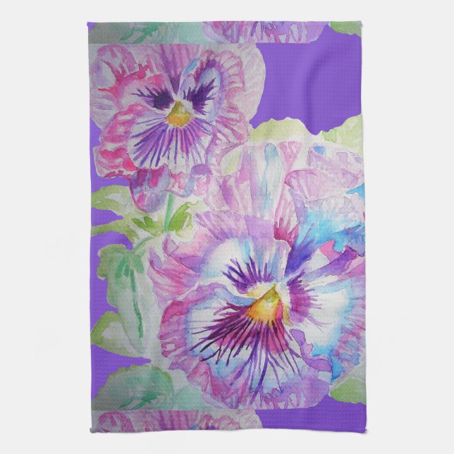 Lila Pansy blommigt blommor Watercolor Tea Towel Kökshandduk (Vertikal)