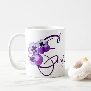 Lila pansy blommigt Emily namn anpassade boho Kaffemugg