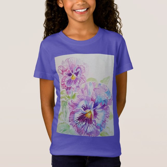 Lila Pansy blommigt vattencolor art Girls T Shirt (Framsida)
