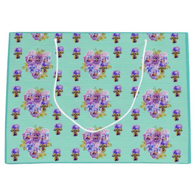 Lila Pansy-blommor blommigt Aqua Rand Gift Bag (Framsidan)