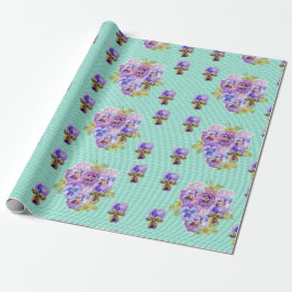 Lila Pansy-blommor blommigt Aqua Rand Wrapping Presentpapper