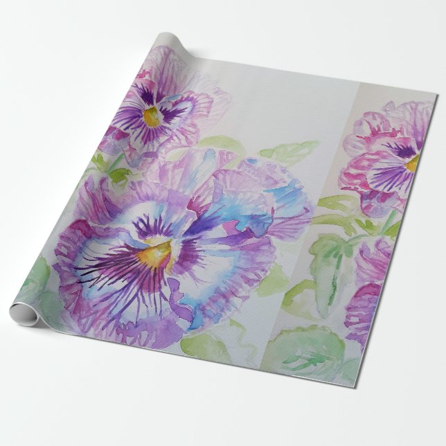 Lila Pansy-blommor blommigt Vattenfärgsvällning Presentpapper (Utrullad)