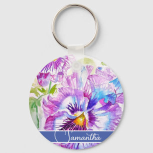 Lila Pansy Flower Blommigt Womans Namn Nyckelring